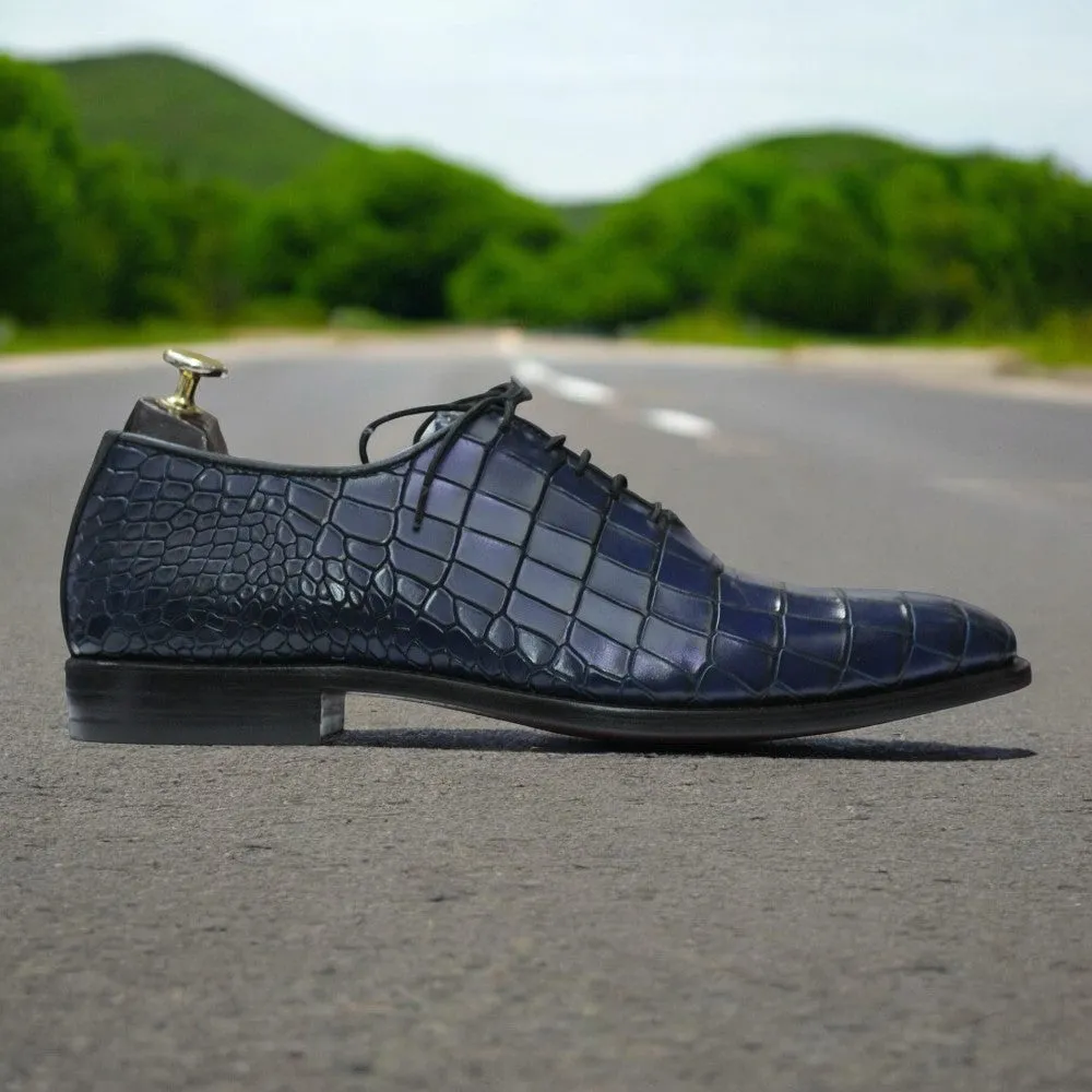 100% Handmade Goodyear Welted Alligator Print Whole Cut Leather Shoes For Men's