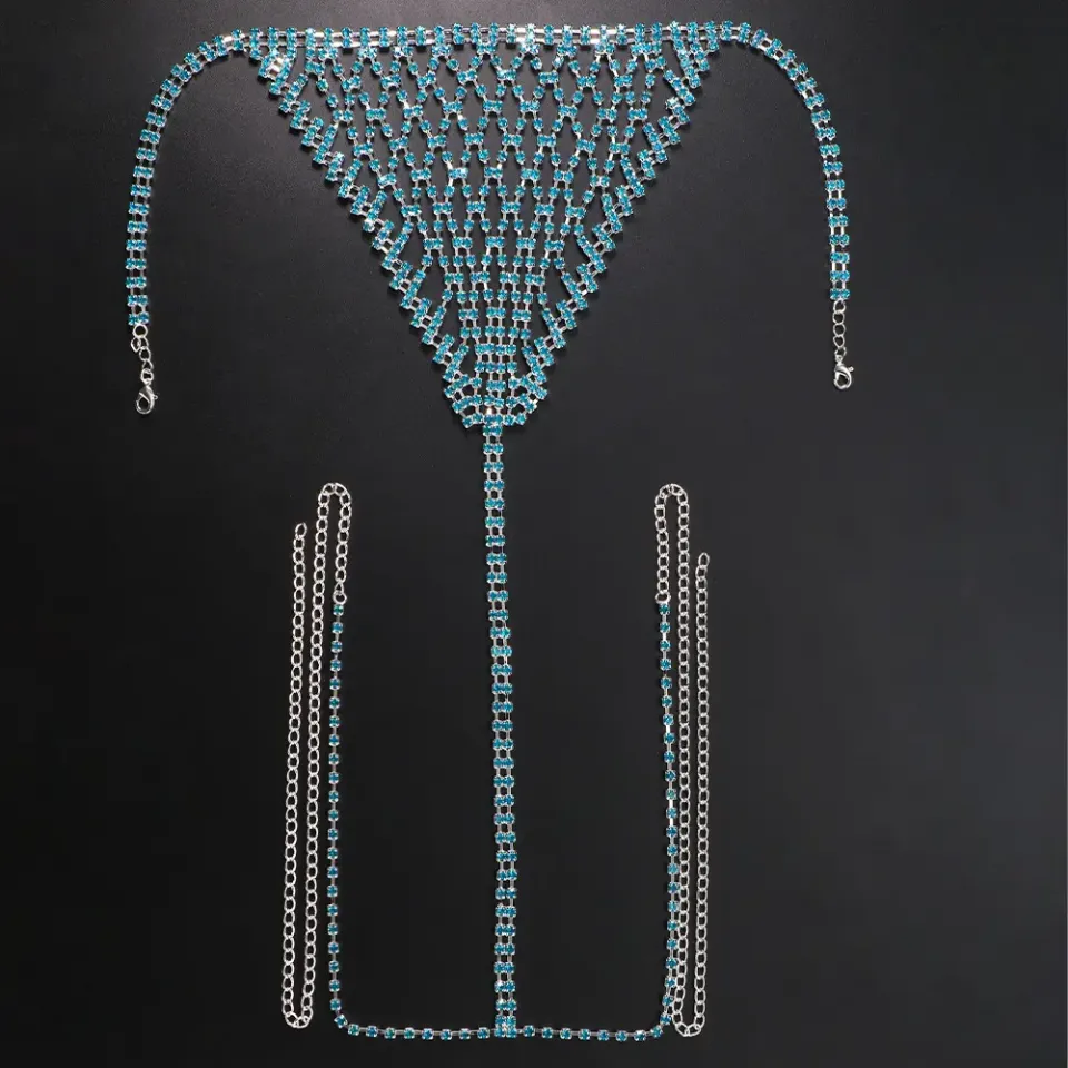 3 Piece Blue Rhinestone Chain Bra Set
