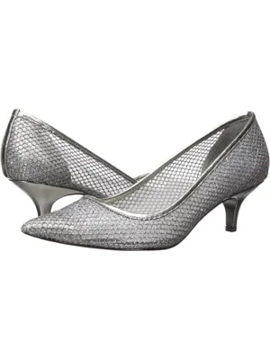ADRIANNA PAPELL Womens Silver Fishnet See-Through Glitter Padded Lois Pointed Toe Kitten Heel Slip On Pumps Shoes M