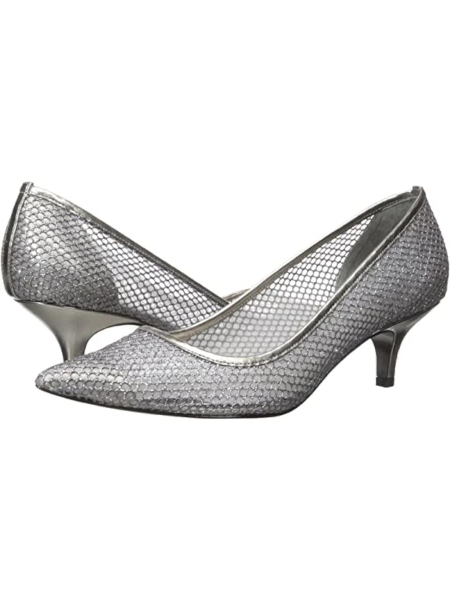 ADRIANNA PAPELL Womens Silver Fishnet See-Through Glitter Padded Lois Pointed Toe Kitten Heel Slip On Pumps Shoes M