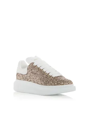 ALEXANDER MCQUEEN Womens Gold Glitter-Embellished 1-1/2" Platform Padded Round Toe Wedge Lace-Up Leather Sneakers Shoes