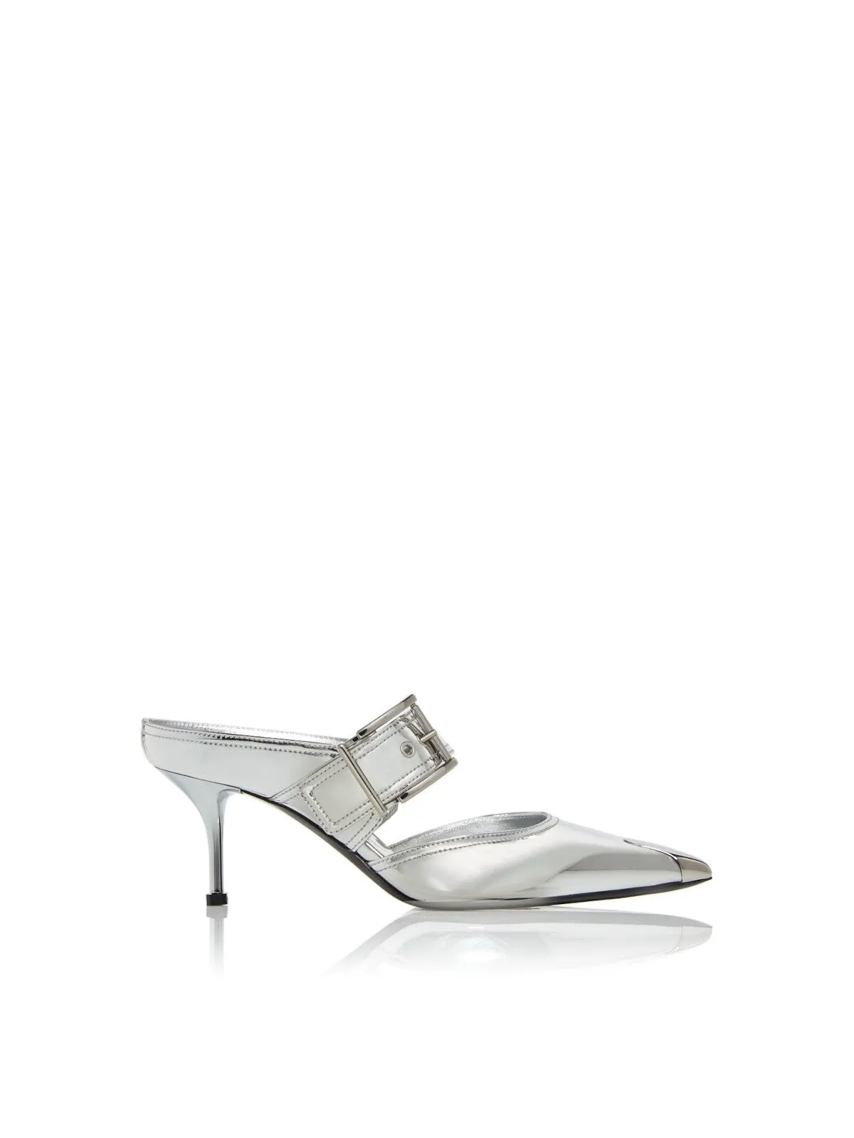 ALEXANDER MCQUEEN Womens Silver Padded Hardware Toe Cover Metallic Adjustable Pointed Toe Stiletto Slip On Leather Dress Heeled Mules Shoes