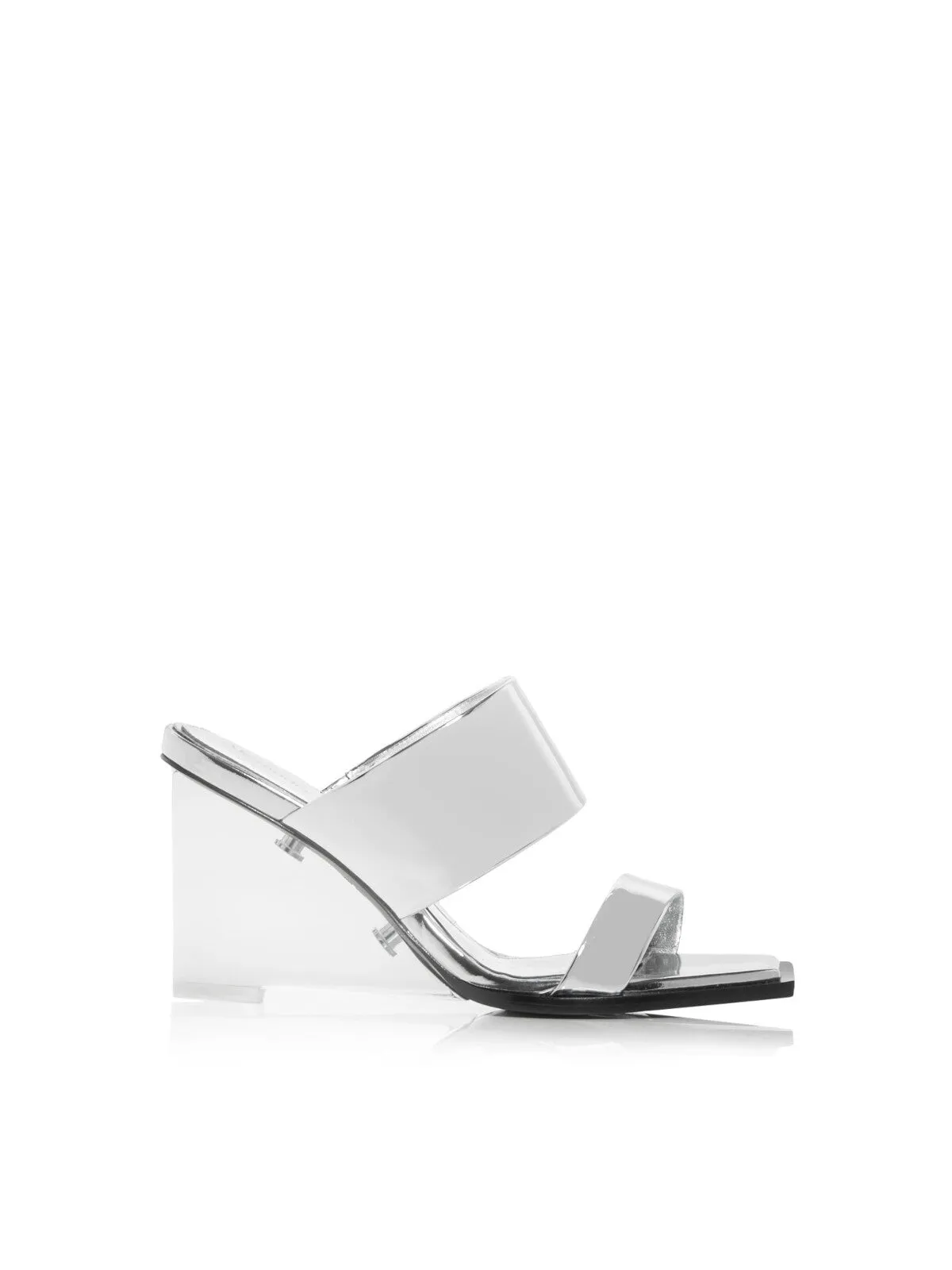ALEXANDER MCQUEEN Womens Silver Transparent Plexiglass Strappy Metallic Padded Shard Square Toe Wedge Slip On Dress Heeled