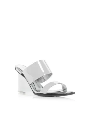 ALEXANDER MCQUEEN Womens Silver Transparent Plexiglass Strappy Metallic Padded Shard Square Toe Wedge Slip On Dress Heeled