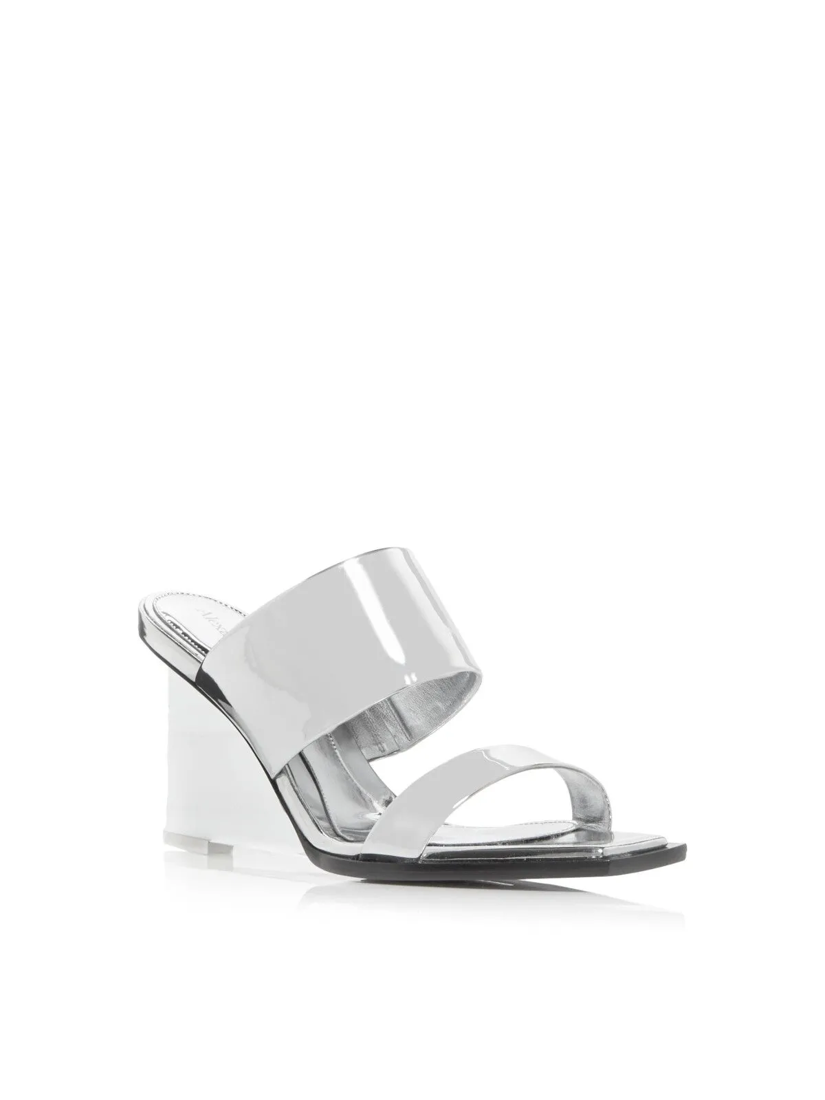 ALEXANDER MCQUEEN Womens Silver Transparent Plexiglass Strappy Metallic Padded Shard Square Toe Wedge Slip On Dress Heeled