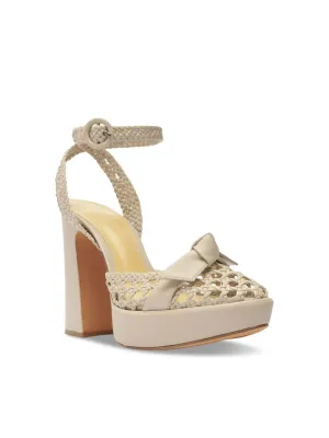 ALEXANDRE BIRMAN Womens Beige Basketweave Knotted Breathable 1" Platform Ankle Strap Cushioned Clarita Almond Toe Block Heel Buckle Leather Dress Heeled