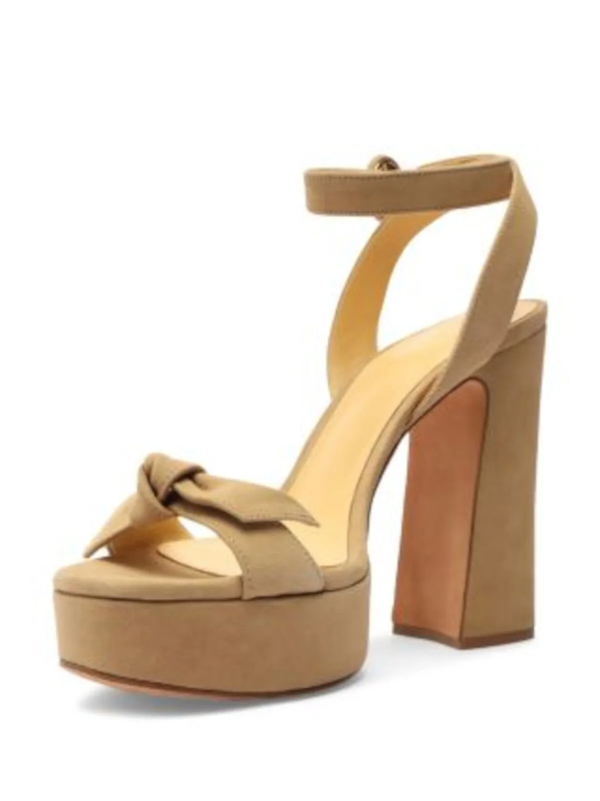 ALEXANDRE BIRMAN Womens Beige Padded 1" Platform Bow Accent Ankle Strap Clarita Almond Toe Block Heel Buckle Leather Heeled