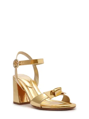 ALEXANDRE BIRMAN Womens Gold Knot Detail Metallic Ankle Strap Padded Clarita Almond Toe Flare Buckle Leather Heeled