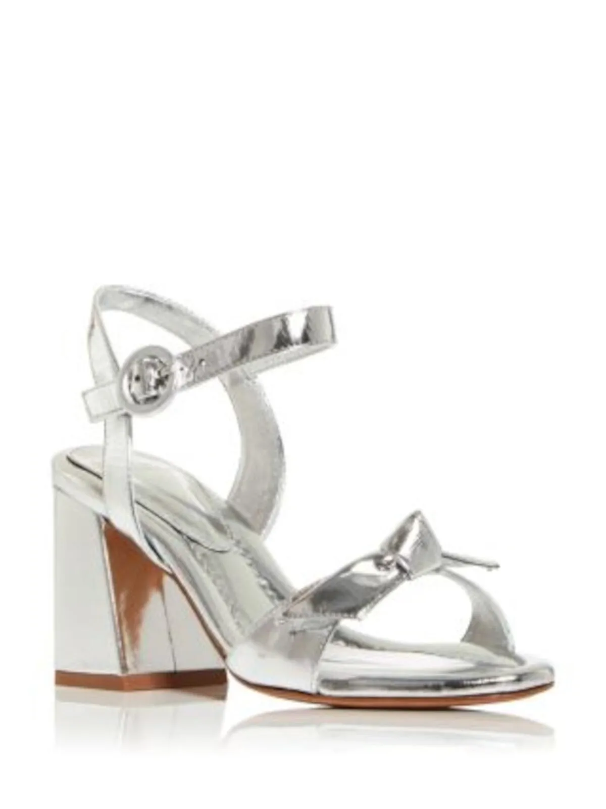 ALEXANDRE BIRMAN Womens Silver Padded Knotted Ankle Strap Metallic Clarita Almond Toe Flare Buckle Leather Dress Heeled