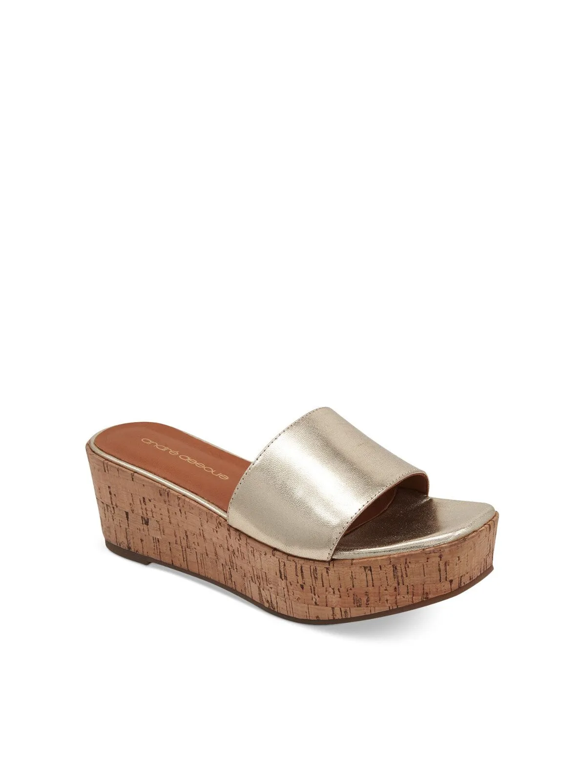 ANDRE ASSOUS Womens Gold 2" Platform Cork Accent Metallic Padded Sienna Open Toe Wedge Slip On Leather Dress Sandals Shoes