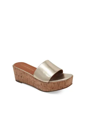 ANDRE ASSOUS Womens Gold 2" Platform Cork Accent Metallic Padded Sienna Open Toe Wedge Slip On Leather Dress Sandals Shoes