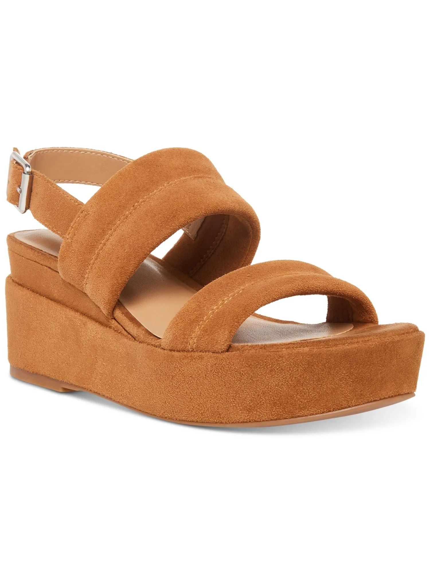 AQUA COLLEGE Womens Brown 1" Platform Padded Nuria Round Toe Wedge Buckle Leather Slingback Sandal