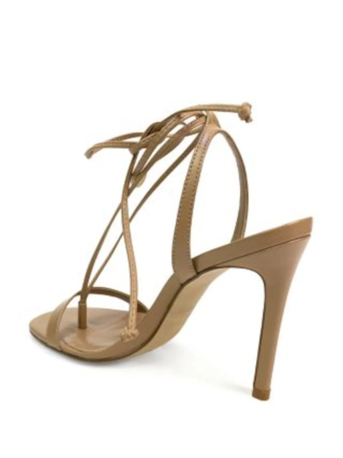 AQUA Womens Beige Ankle Wrap Tie Padded Square Toe Stiletto Lace-Up Leather Heeled Thong Sandals B