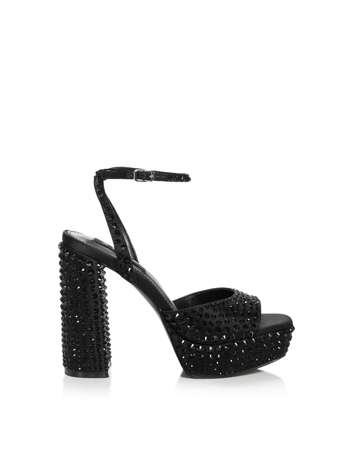 AQUA Womens Black 1" Platform Padded Rhinestone Ankle Strap Lesly Square Toe Block Heel Buckle Dress Heeled M