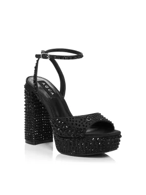 AQUA Womens Black 1" Platform Padded Rhinestone Ankle Strap Lesly Square Toe Block Heel Buckle Dress Heeled M
