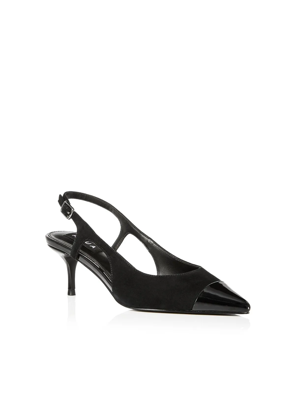 AQUA Womens Black Mixed Media Cushioned Koko Pointed Toe Kitten Heel Buckle Dress Slingback M