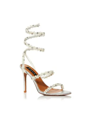 AQUA Womens Silver Ankle Wrap Goring Strappy Beaded Padded Duet Round Toe Stiletto Slip On Dress Heeled M