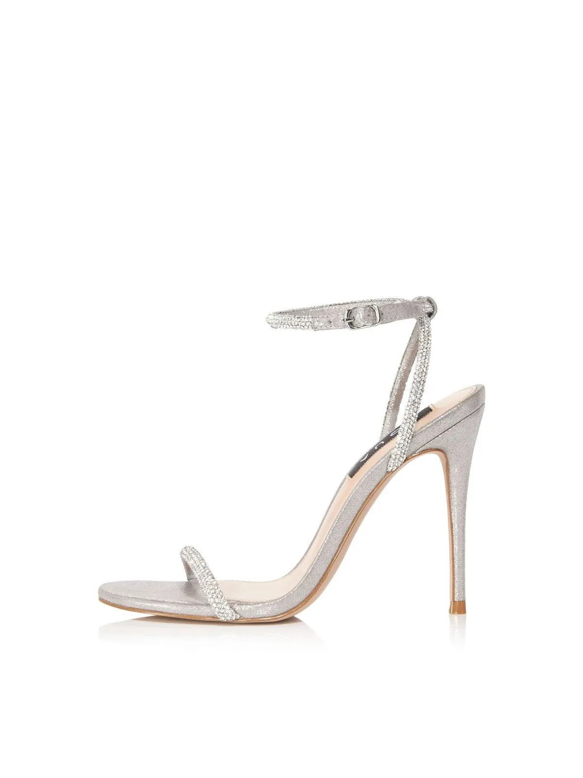 AQUA Womens Silver Metallic Padded Ankle Strap Embellished Berlin Almond Toe Stiletto Buckle Dress Heeled M