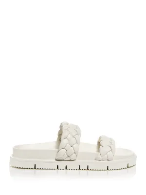 AQUA Womens White 1/2" Platform Braided Logo Round Toe Wedge Slip On Slide Sandals Shoes