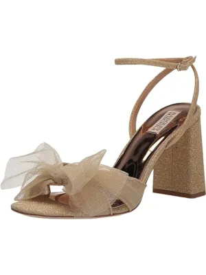 BADGLEY MISCHKA Womens Gold Ankle Strap Bow Accent Glitter Tess Square Toe Block Heel Buckle Heeled