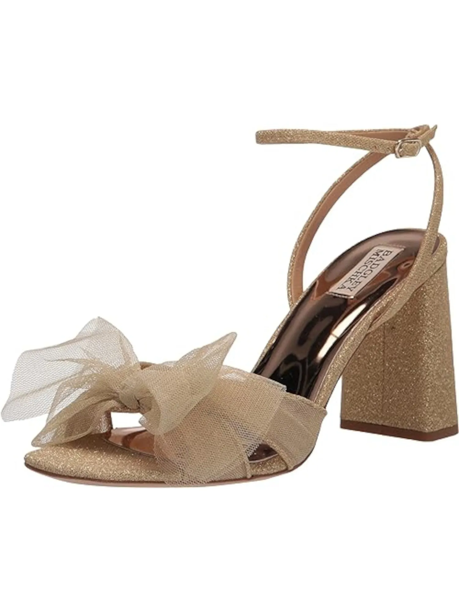 BADGLEY MISCHKA Womens Gold Ankle Strap Bow Accent Glitter Tess Square Toe Block Heel Buckle Heeled