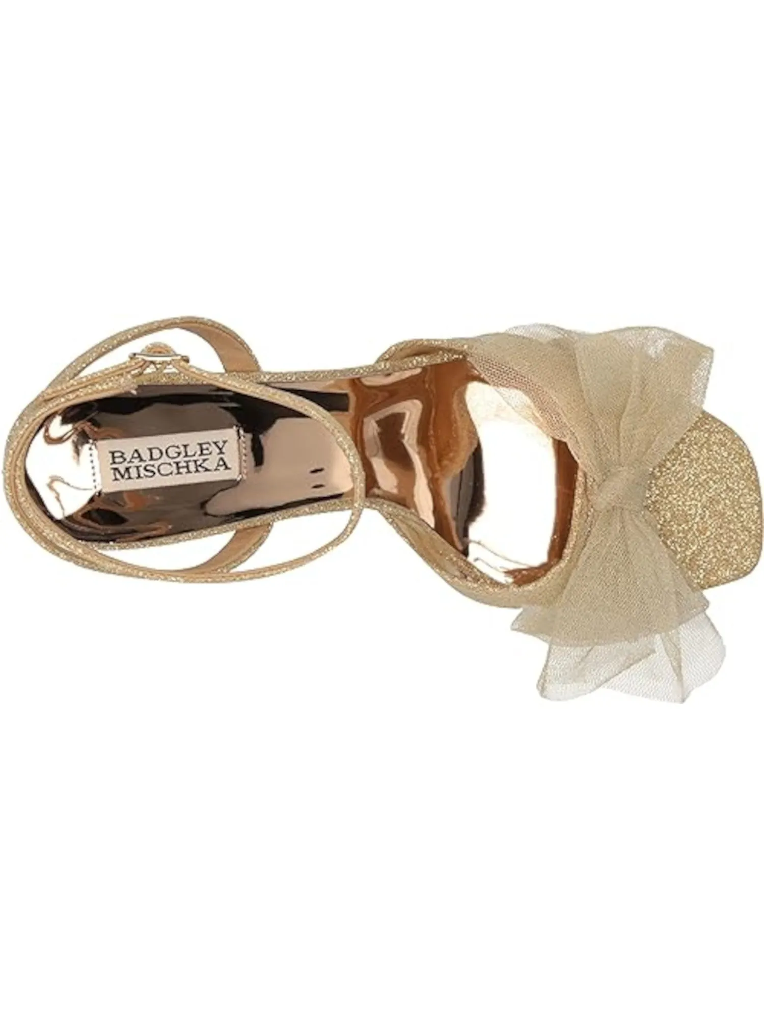 BADGLEY MISCHKA Womens Gold Ankle Strap Bow Accent Glitter Tess Square Toe Block Heel Buckle Heeled