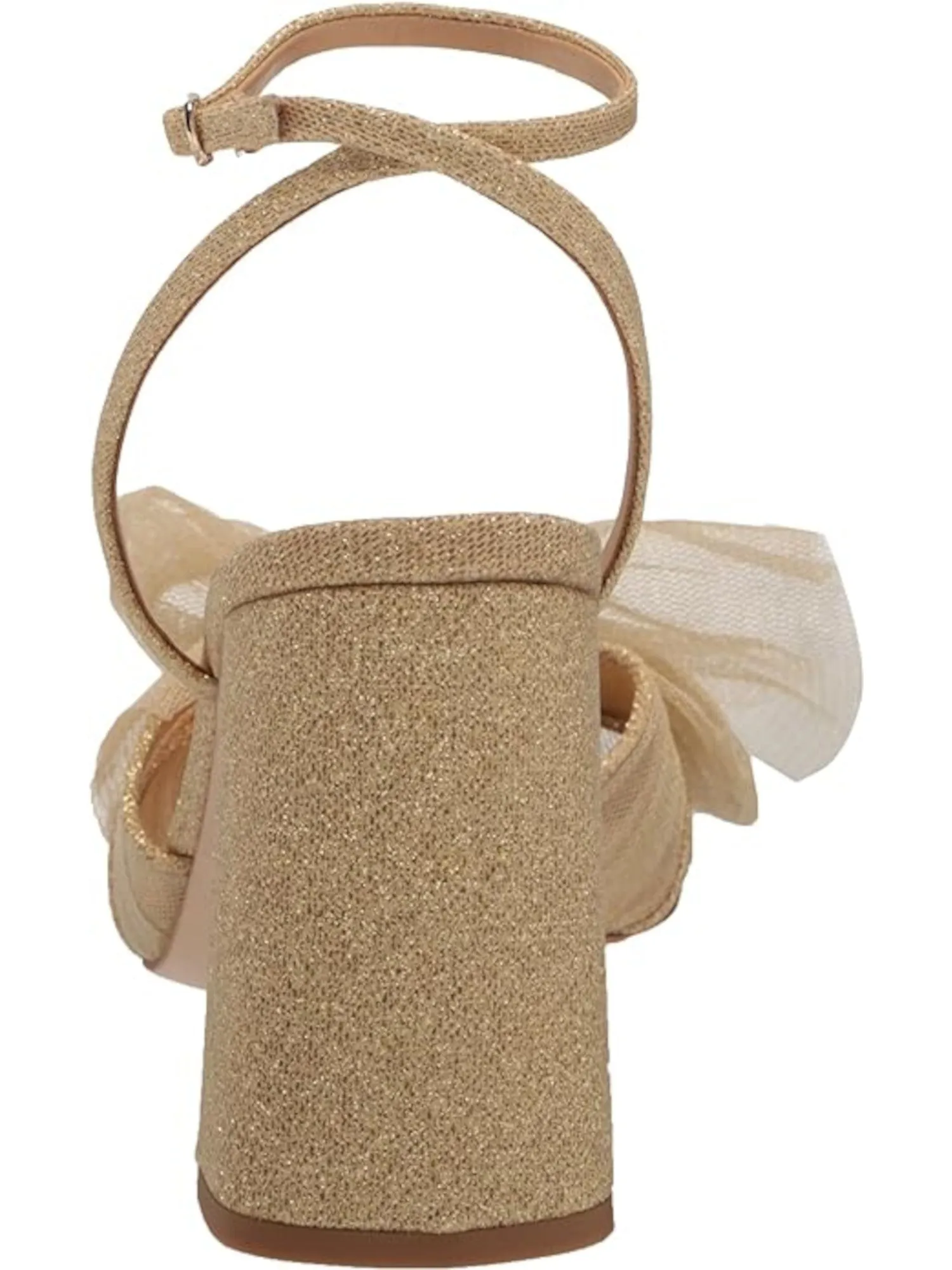 BADGLEY MISCHKA Womens Gold Ankle Strap Bow Accent Glitter Tess Square Toe Block Heel Buckle Heeled