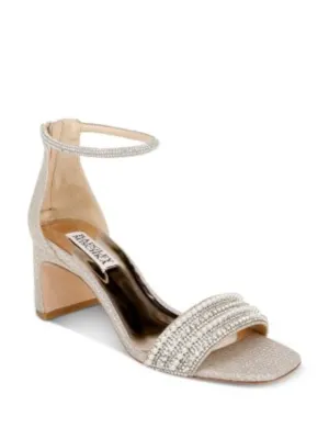 BADGLEY MISCHKA Womens Gold Mixed Media Padded Ankle Strap Embellished Kameryn Square Toe Block Heel Zip-Up Dress Heeled M