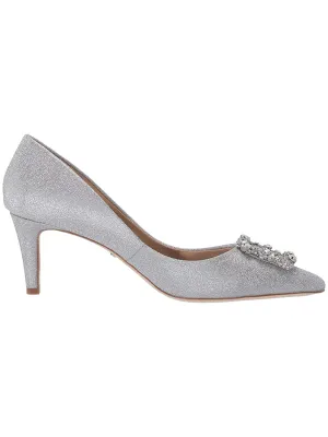 BADGLEY MISCHKA Womens Silver Glitter Embellished Padded Carrie Pointed Toe Stiletto Slip On Dress Pumps Shoes M