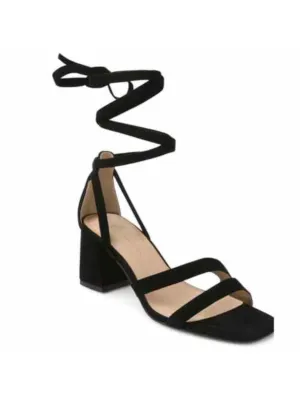 BCBGENERATION Womens Black Flexible Outsole Padded Deena Square Toe Block Heel Lace-Up Leather Dress Sandals Shoes M