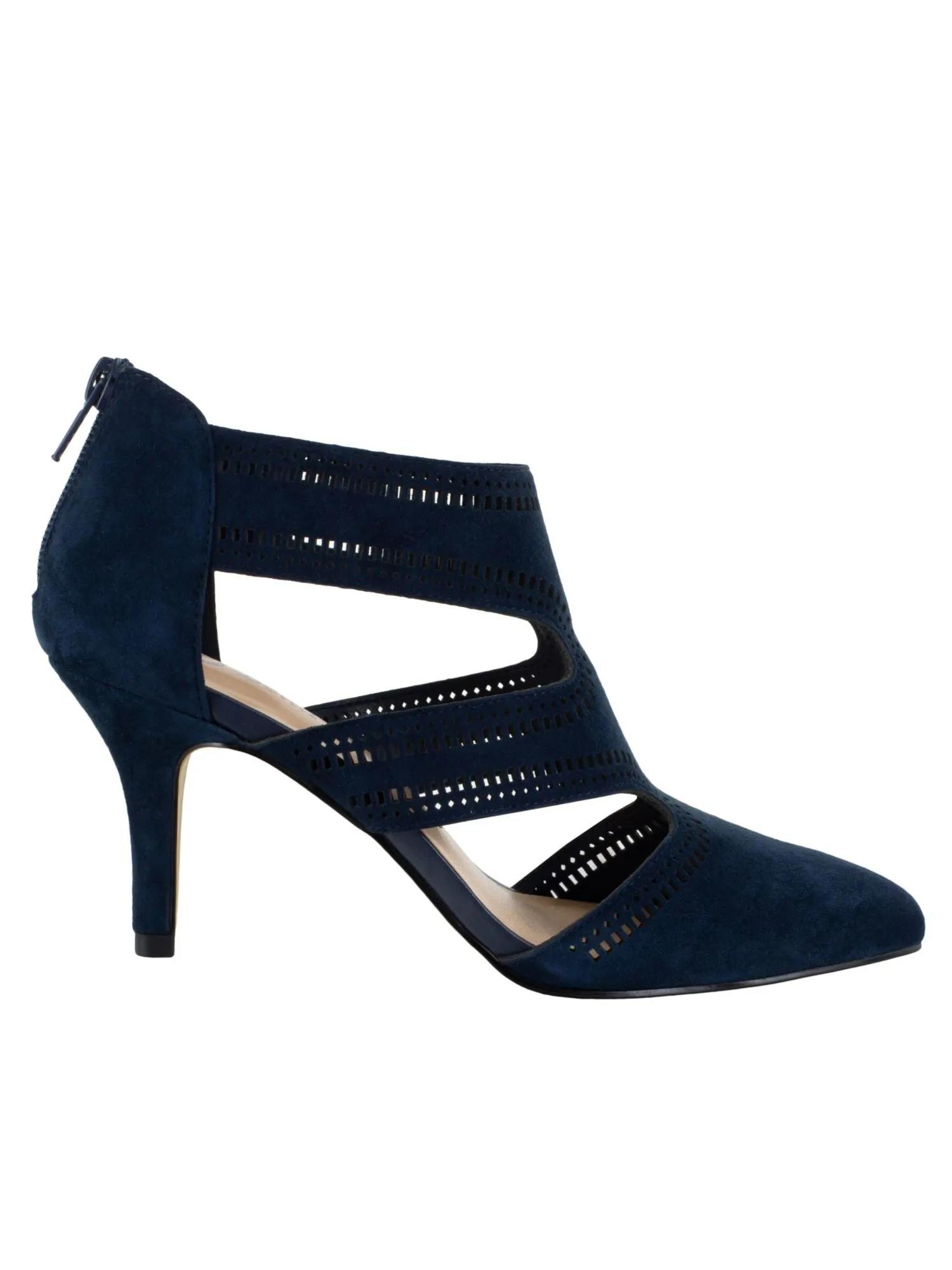 BELLA VITA Womens Navy Cushioned Perforated Hope Pointed Toe Stiletto Zip-Up Leather Dress Shootie WW
