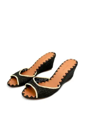 CARRIE FORBES Womens Black Raffia Padded Woven Nador Round Toe Wedge Slip On Heeled