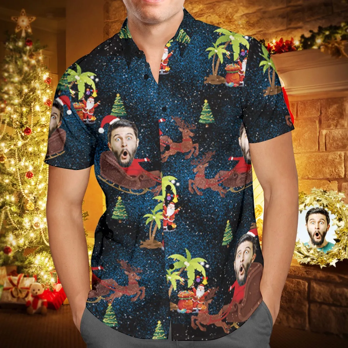 Christmas Hawaiian Shirts Face Shirts Christmas Gifts for Men Reindeer Pulling a Sleigh