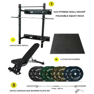 Combo Deal | Wall Mount Foldable Squat Rack - WMSR   120 kg Bumper Plates Set   Adjustable Bench A8007   15 MM Flooring