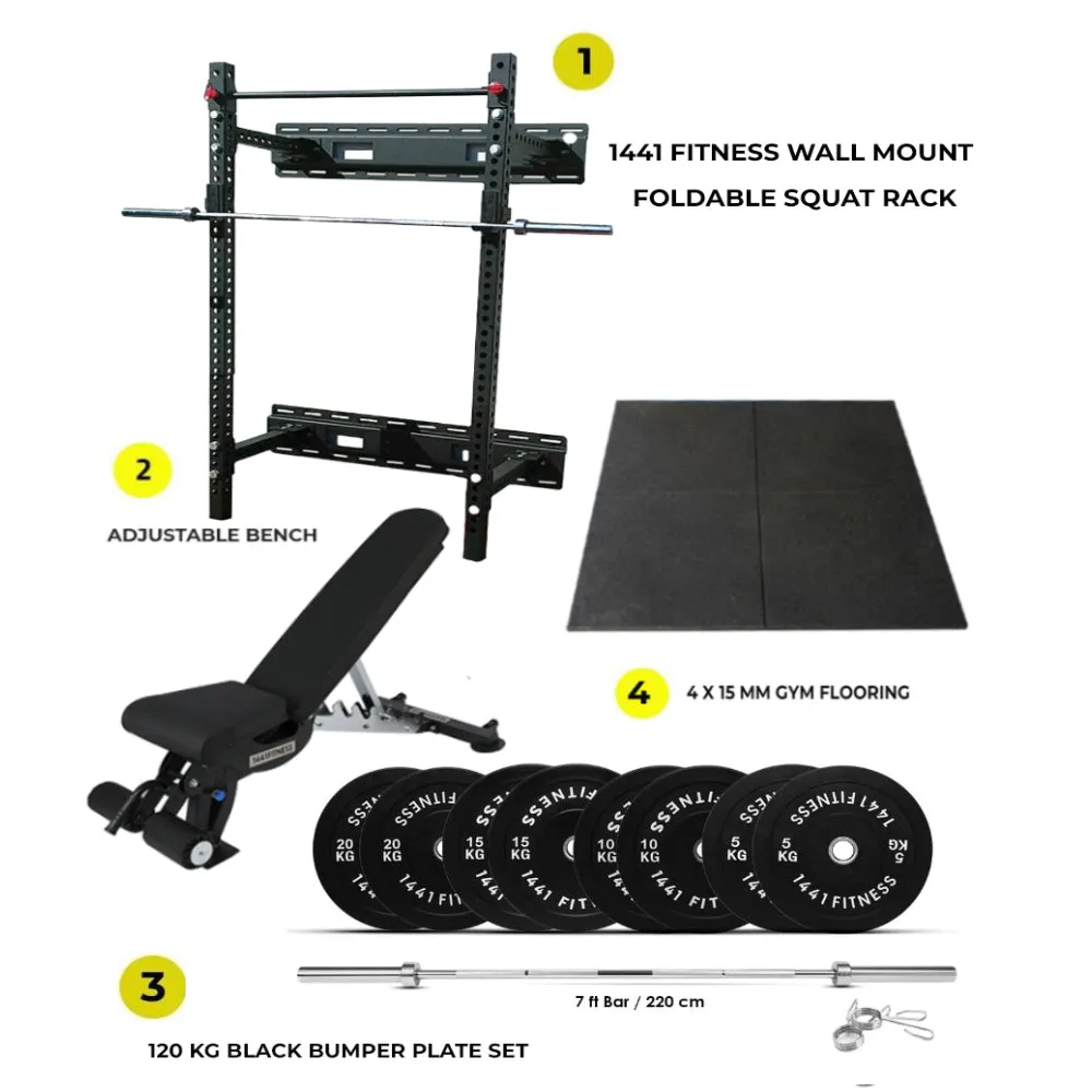 Combo Deal | Wall Mount Foldable Squat Rack - WMSR   120 kg Bumper Plates Set   Adjustable Bench A8007   15 MM Flooring