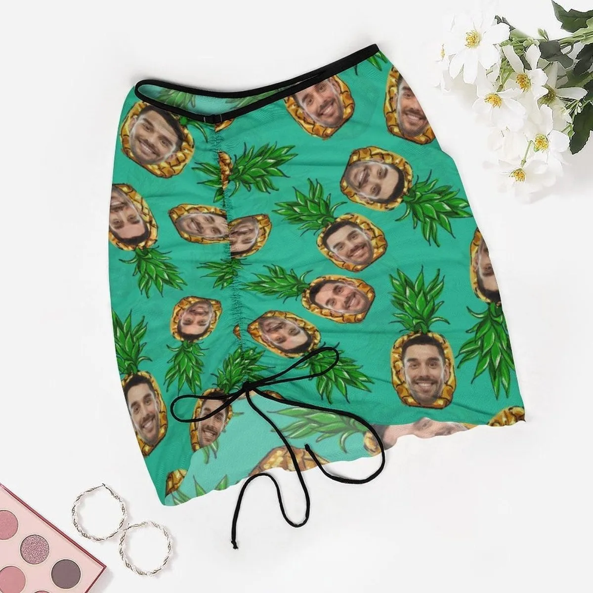 Custom Face Green Pineapple Beach Skirt Women's Swimwear Short Dress Swimsuit Bottom Personalized Women's Swim Dress Short Skirt