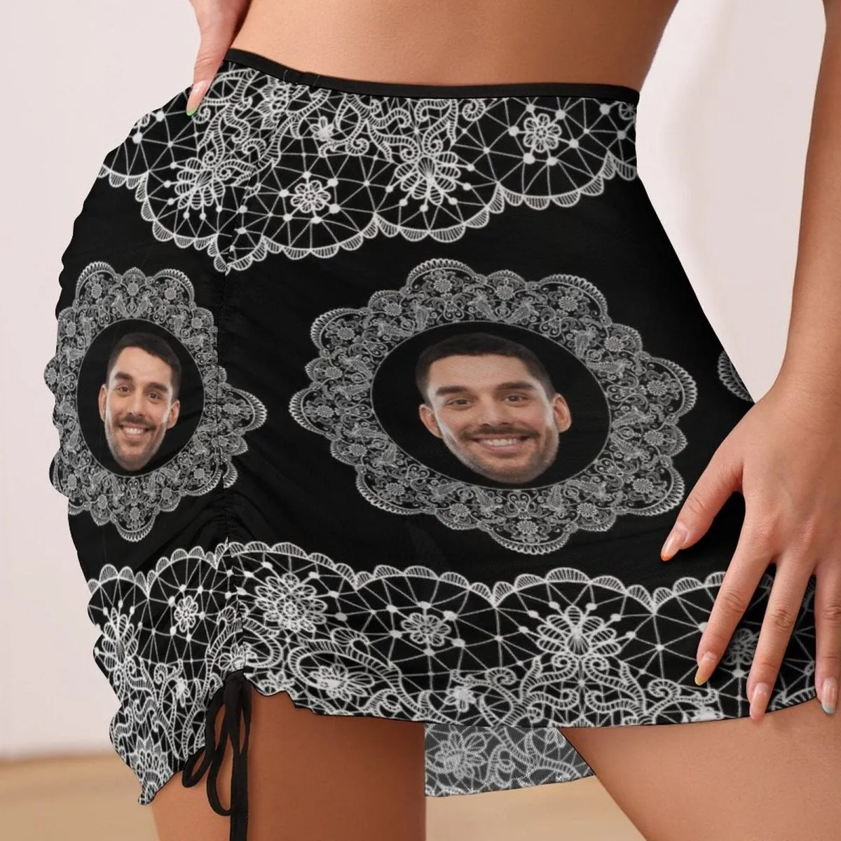 Custom Face Lace Black Beach Skirt Women's Short Dress Swimsuit Bottom Personalized Women's Swim Dress Outfit Short Skirt
