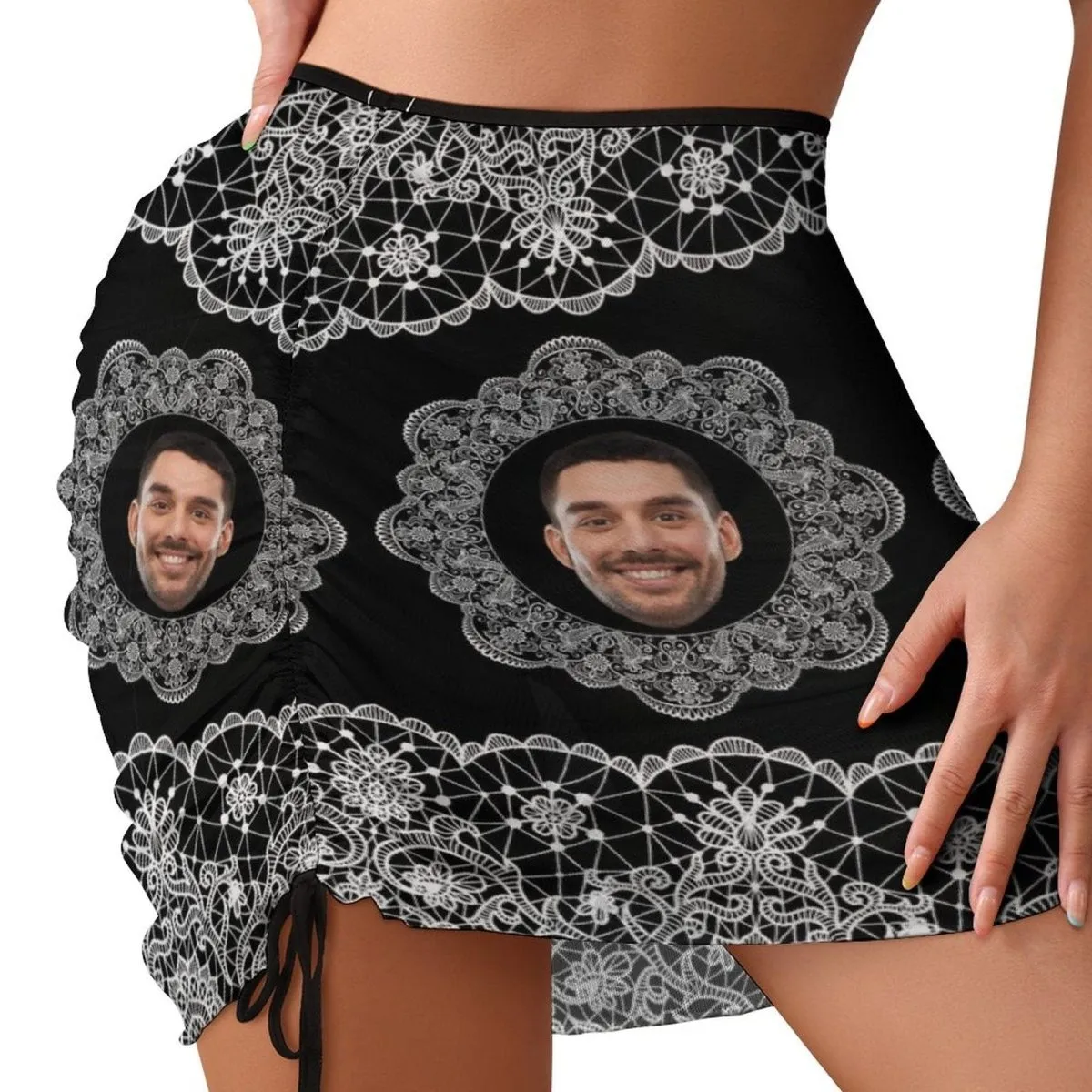 Custom Face Lace Black Beach Skirt Women's Short Dress Swimsuit Bottom Personalized Women's Swim Dress Outfit Short Skirt