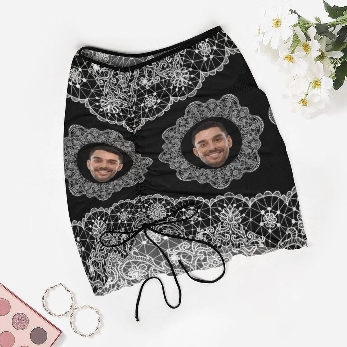 Custom Face Lace Black Beach Skirt Women's Short Dress Swimsuit Bottom Personalized Women's Swim Dress Outfit Short Skirt