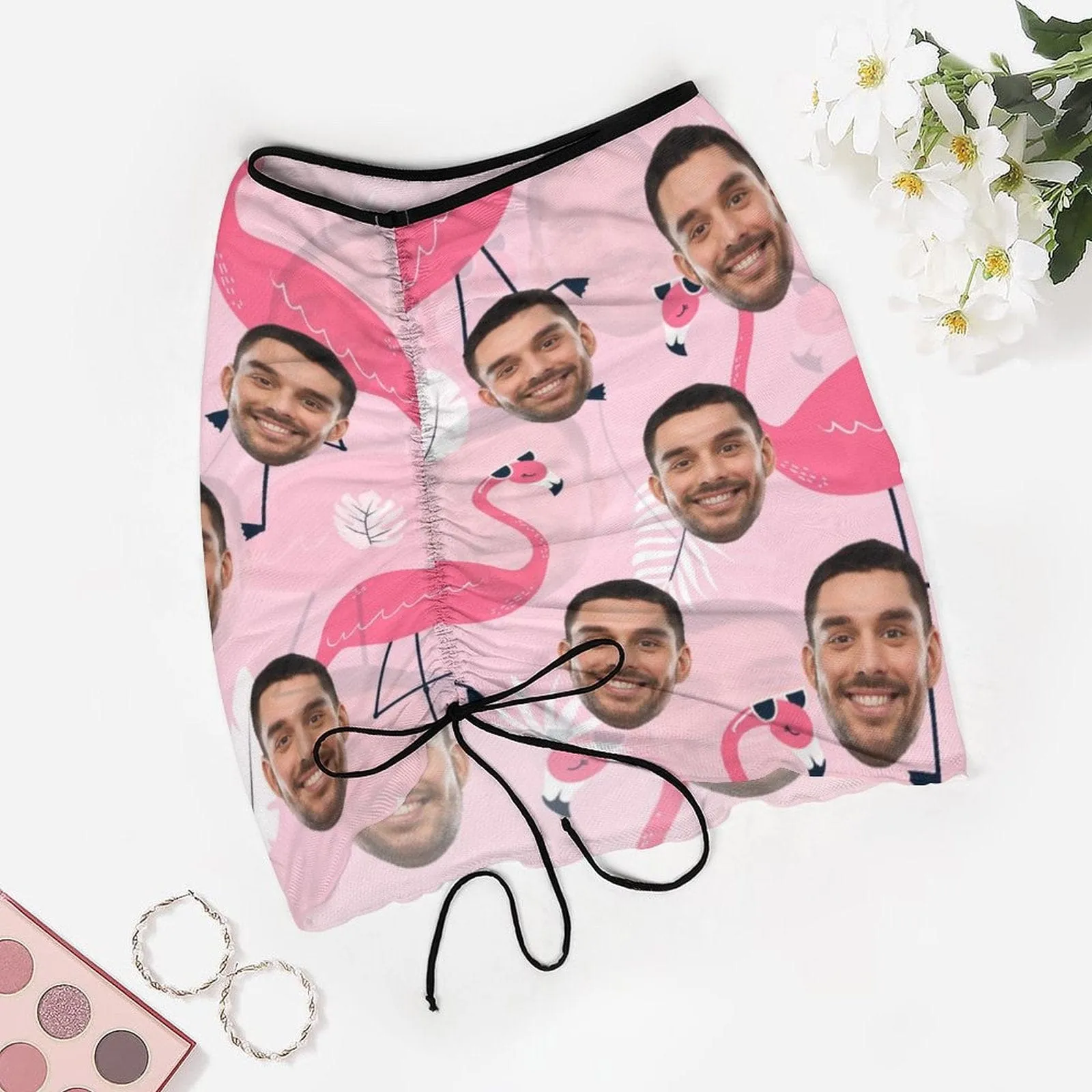 Custom Face Pink Flamingo Beach Skirt Women's Short Dress Swimsuit Bottom Personalized Women's Swim Dress Short Skirt