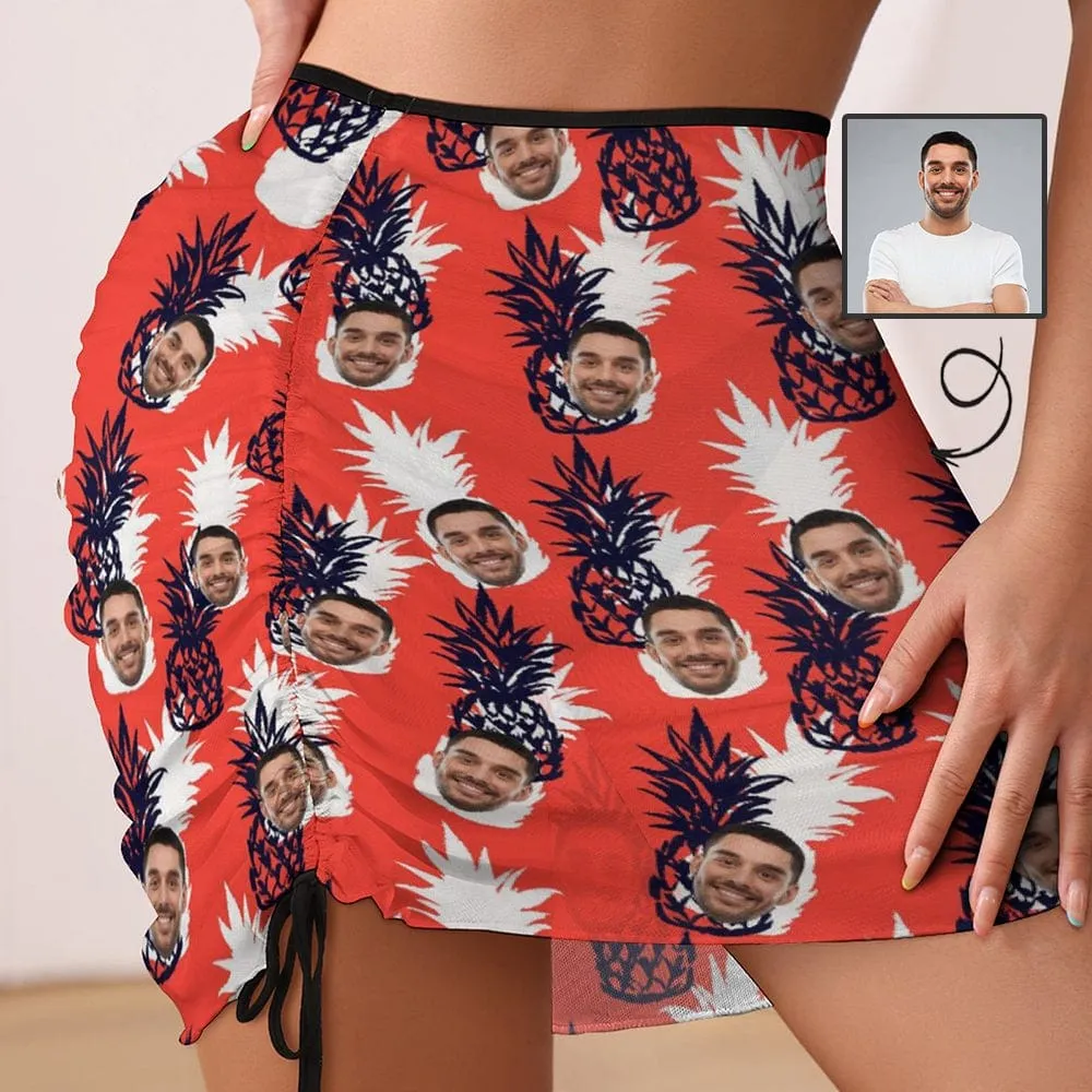 Custom Face Red Beach Skirt Women's Swimwear Short Dress Pineapple Pattern Swimsuit Bottom Personalized Women's Swim Dress Short Skirt
