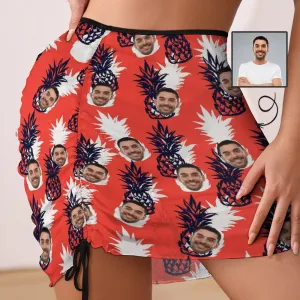 Custom Face Red Beach Skirt Women's Swimwear Short Dress Pineapple Pattern Swimsuit Bottom Personalized Women's Swim Dress Short Skirt