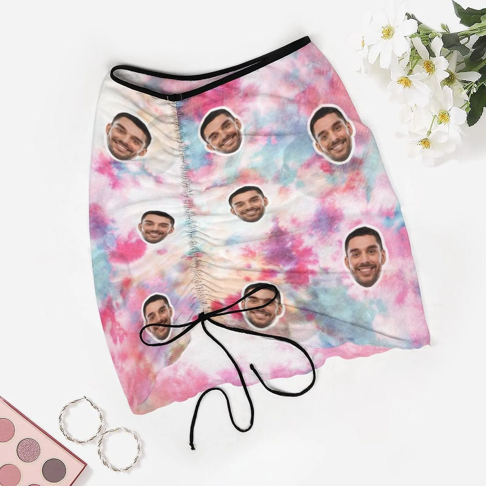 Custom Face Tie Dye Beach Skirt Women's Short Dress Swimsuit Bottom Personalized Women's Swim Dress Short Skirt