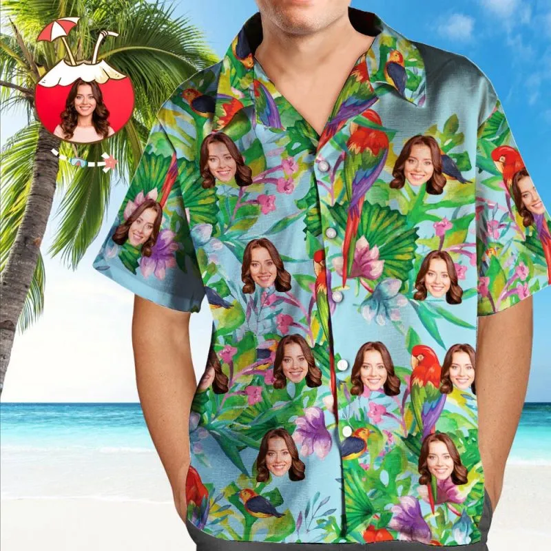 Custom Girlfriends Face Hawaiian Shirt Anniversary Gift - Parrot