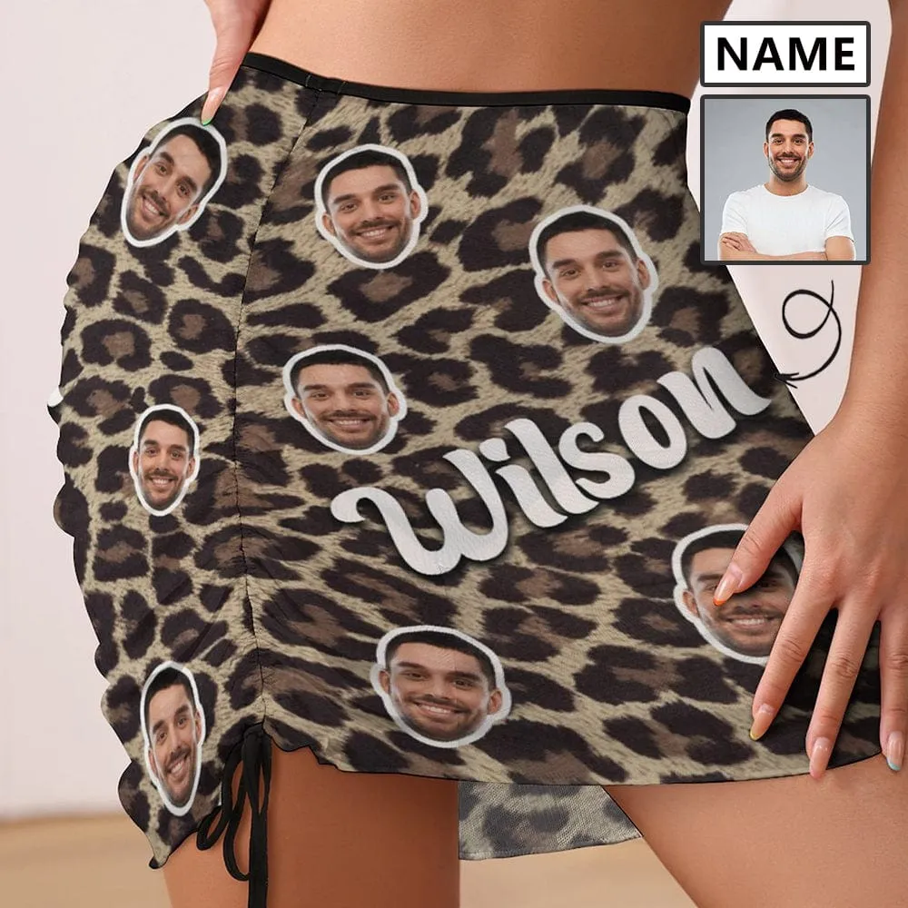 Custom Name&Face Leopard Print Beach Skirt Women's Swimwear Leopard Short Dress Pineapple Pattern Swimsuit Bottom Personalized Women's Swim Dress Short Skirt