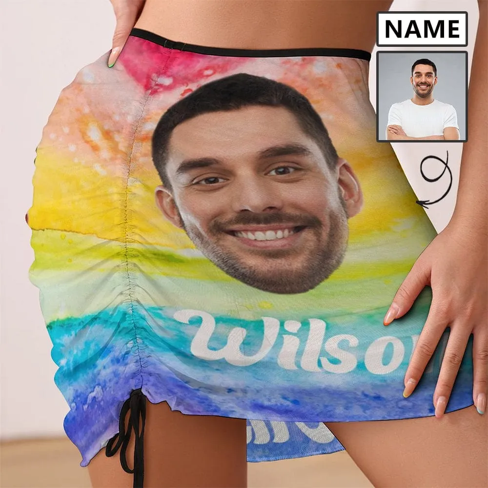Custom Name&Face Rainbow Color Beach Skirt Women's Swimwear Short Dress Swimsuit Bottom Personalized Women's Swim Dress Short Skirt