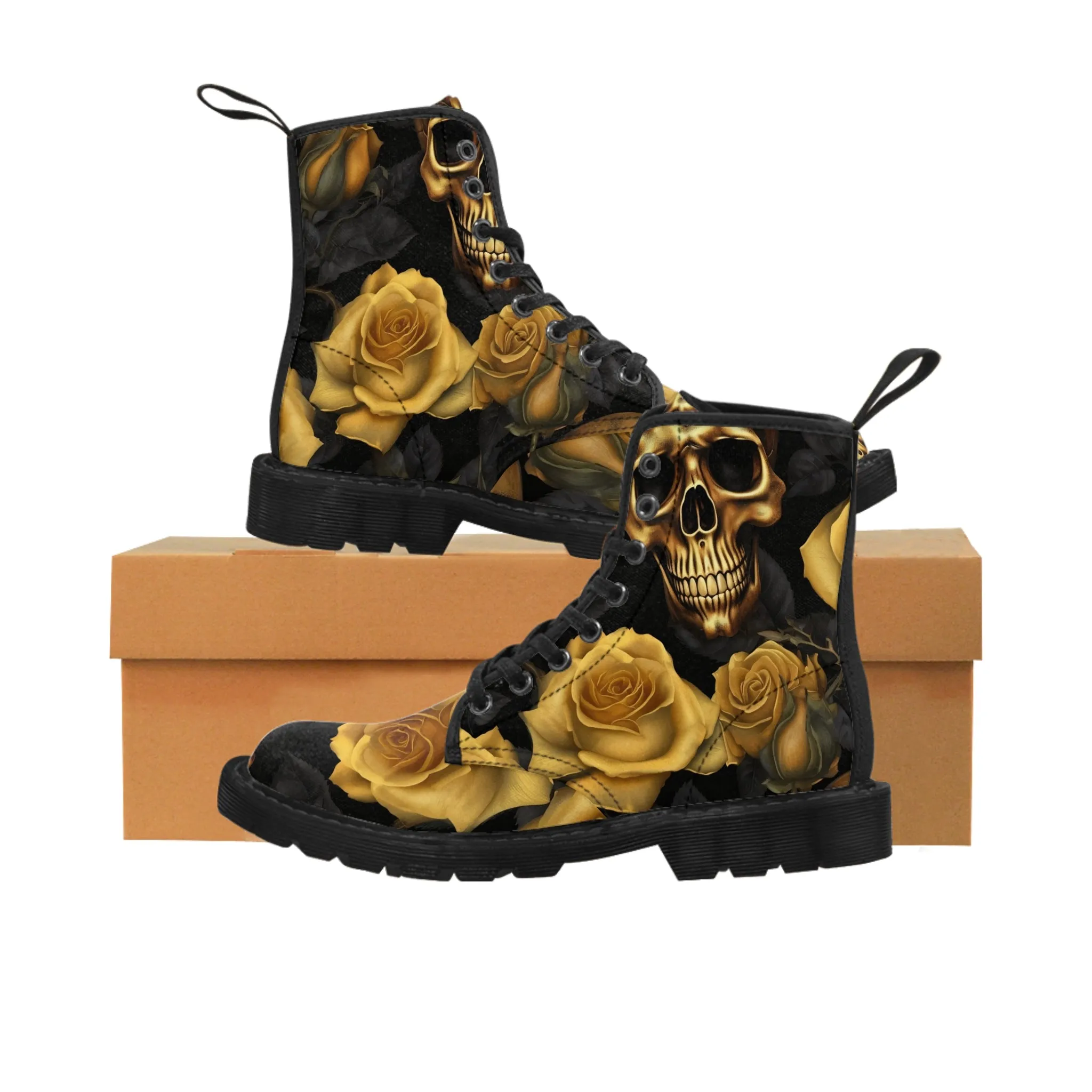Gothic Gold no 2 Skulls and  Roses Women's Canvas Boots