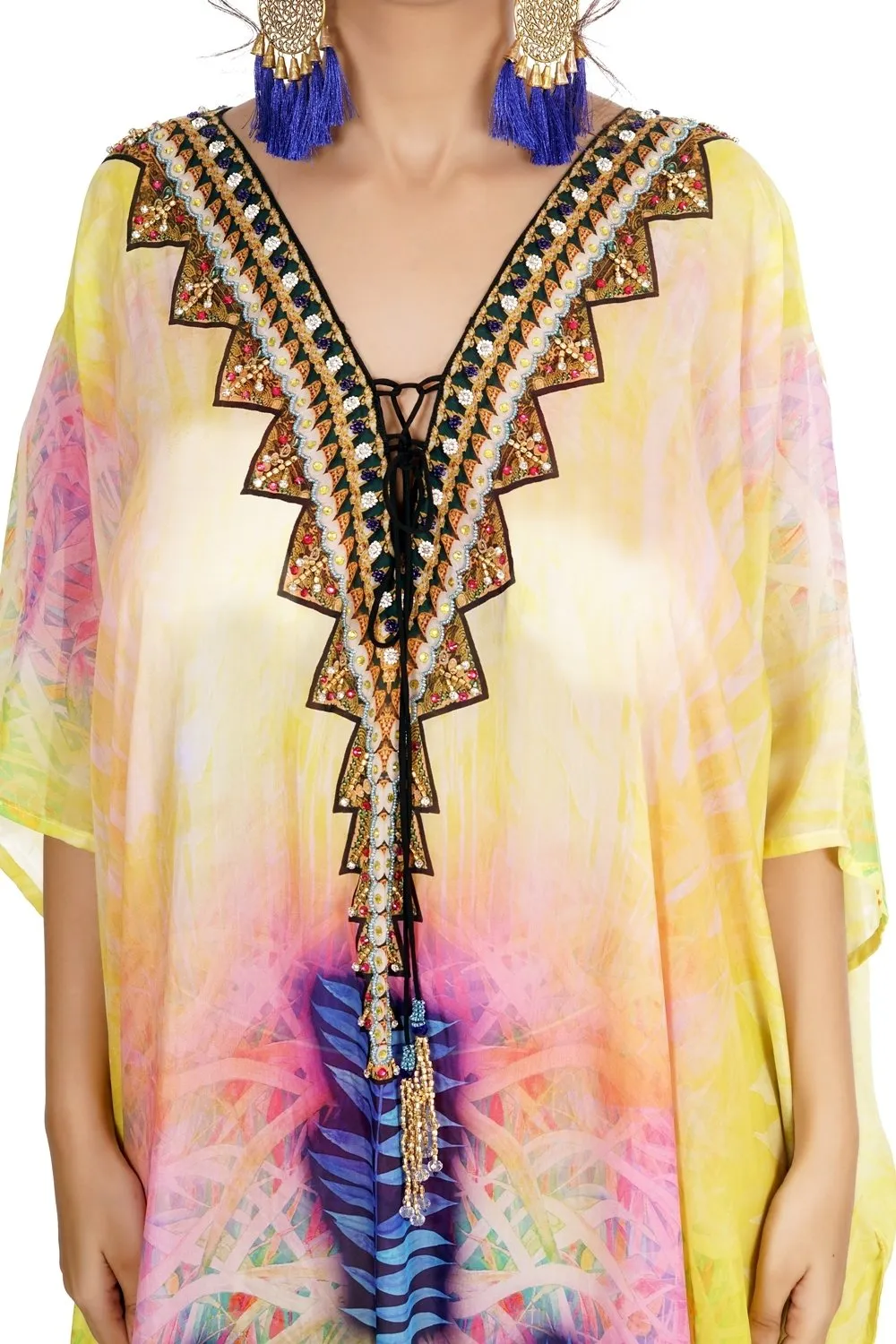 Lace up kaftan Swim wear caftan stunning beach dress silk kaftan maxi dress heavily embellished caftan