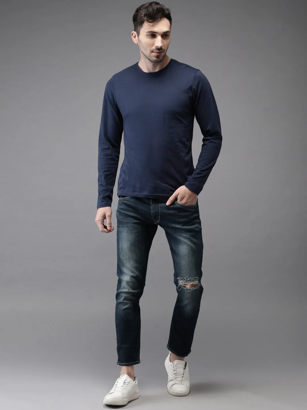 Navy Blue Round Neck Plain Full Sleeves Cotton T-shirt by LazyChunks