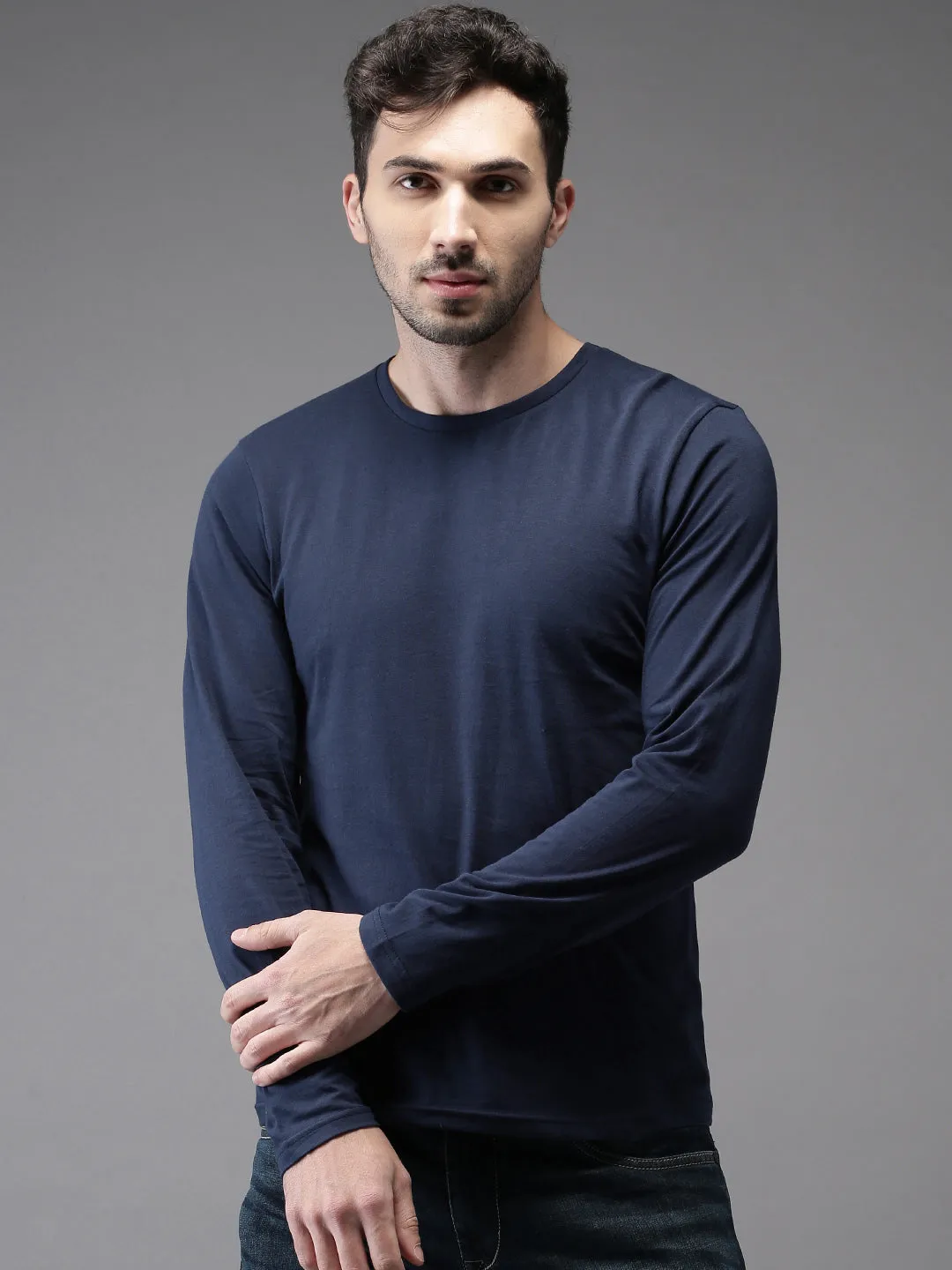 Navy Blue Round Neck Plain Full Sleeves Cotton T-shirt by LazyChunks